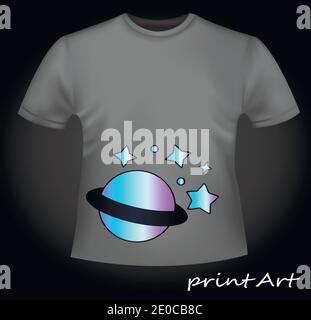 Graues T-Shirt mit leuchtendem Neon-Print - Planet und Sterne, Cartoon-Idee Stock Vektor