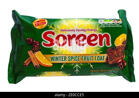 Soreen Winter Spice Fruit Loaf limitierte Auflage köstlich squidgy Energie Isoliert auf weißem Hintergrund Stockfoto