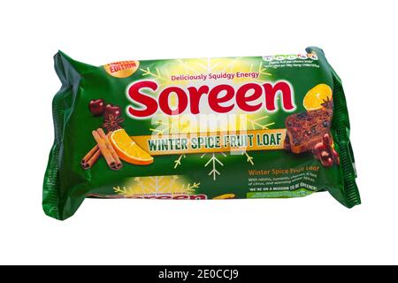 Soreen Winter Spice Fruit Loaf limitierte Auflage köstlich squidgy Energie Isoliert auf weißem Hintergrund Stockfoto