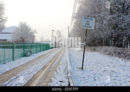 Schneebedeckte Straße und Park, Schnee auf, Reifenspuren durch Schnee, Schnee auf Bäumen am Wintertag in Manchester, England Stockfoto