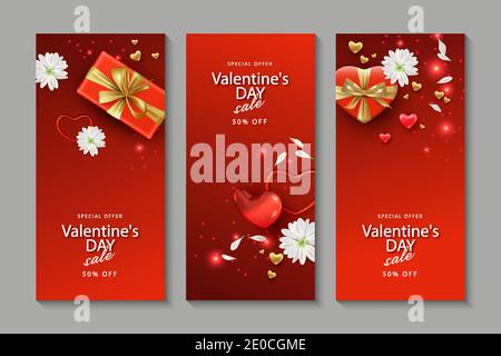 Ein Set von vertikalen Bannern für Valentinstag mit Geschenken, Blumen und Herzen in einem realistischen Stil Stock Vektor