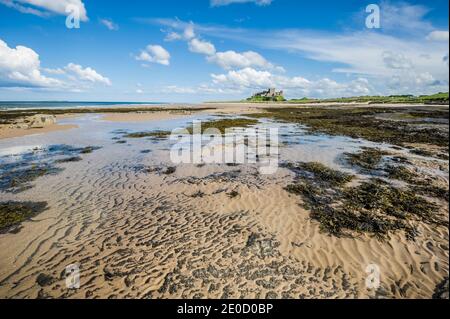 Northumberland. Dies ist die Festung von Bambrugh Castle mit Blick über den Sand der Embleton Bay in Northumberland. Die Burg war die wichtigste Hochburg gegen Überfälle durch die Wikinger im 11. Jahrhundert und ist nach dem Dorf Bambrugh benannt Stockfoto