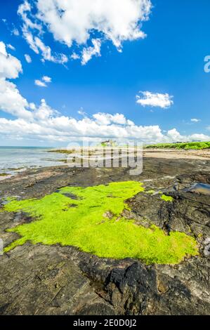 Northumberland. Dies ist die Festung von Bambrugh Castle mit Blick über den Sand der Embleton Bay in Northumberland. Die Burg war die wichtigste Hochburg gegen Überfälle durch die Wikinger im 11. Jahrhundert und ist nach dem Dorf Bambrugh benannt Stockfoto