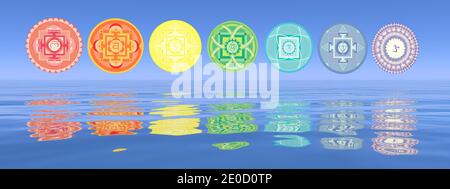Sieben Chakra Symbole Linie - 3D Rendering Stockfoto
