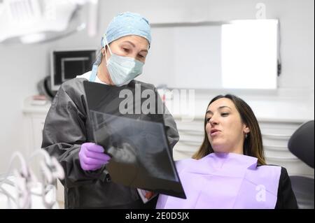 Weibliche Zahnärztin zeigt auf das Röntgenbild des Patienten in der Zahnarztpraxis. Hochwertige Fotos Stockfoto