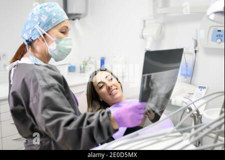 Weibliche Zahnärztin zeigt auf das Röntgenbild des Patienten in der Zahnarztpraxis. Hochwertige Fotos Stockfoto