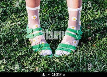 Beine der Ernte anonyme Frau trägt grüne Sandalen und Socken Mit Kamillenblüten drucken, während Sie im Sommer auf dem Rasen stehen An sonnigen Tag Stockfoto