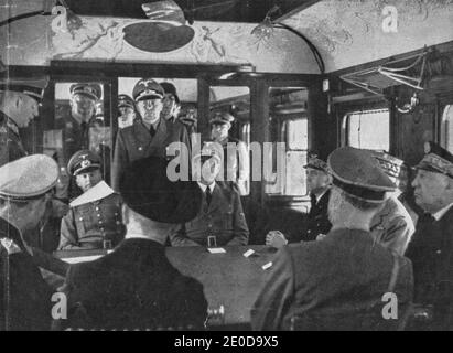 COMPIÉGNE, FRANKREICH - 21. JUN 1940: Waffenstillstand mit Frankreich (zweite Kompiegne) wurde zwischen Nazi-Deutschland und dem besiegten Frankreich in Le Fransport, ne unterzeichnet Stockfoto