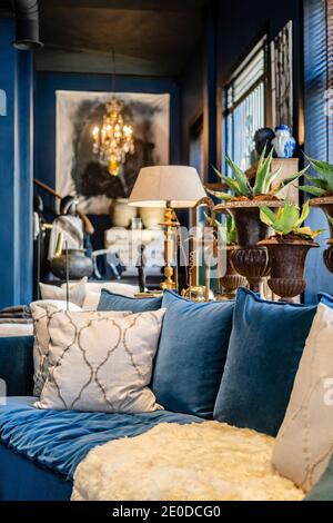 Fragment der Innenausstattung des Wohnzimmers mit gemütlichen blauen Sofa Mit Kissen in der Nähe Fenster mit grünen Pflanzen in Vintage-Töpfe Stockfoto