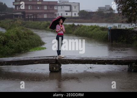 Seitenansicht einer Frau mit Regenschirm, die über einen hölzernen Steg läuft Beim Genießen Einsamkeit an regnerischen Tag in Yilan Grafschaft und Wegschauen Stockfoto