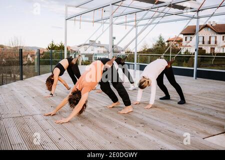 Gruppe von Menschen in Sportbekleidung, die sich auf Riemen lehnen und üben Yoga in Parivrtta Adho Mukha Svanasana auf Holzterrasse Stockfoto