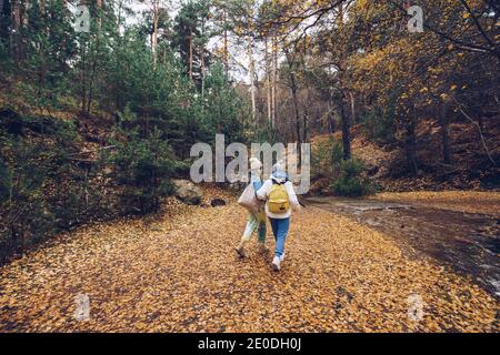 Rückansicht von jungen Entdecker-Frauen, die in Herbstwäldern spazieren In der Nähe des Flusses und im Gespräch miteinander Stockfoto