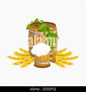 Holzbierfass mit einem Holzkrug Bier mit Hopfen und Weizen.Vektorgrafik. Stock Vektor