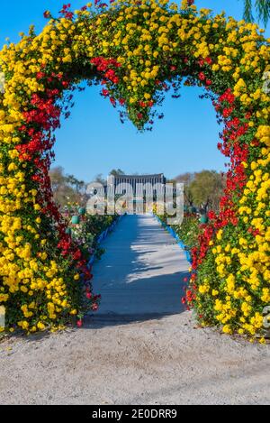 Liebesbrücke, die zum Pavillon am Gungnamji Teich in Buyeo, Republik Korea führt Stockfoto