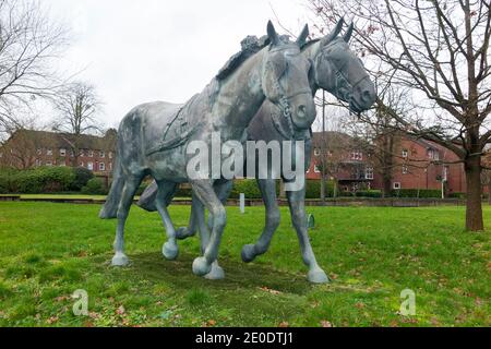 Skulptur mit dem Titel Windsor Grays Daniel und Storm (von zwei Kutschenpferden) in Windsor, Berkshire UK. Die Statue von Robert Rattray wurde von Ihrer Majestät Königin Elizabeth II enthüllt. (122) Stockfoto