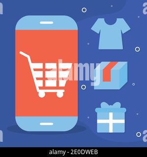 Bündel von Online-Shopping-Symbolen auf blauem Hintergrund Stock Vektor