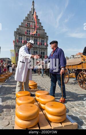 Nach einer Verhandlung schließen der Käsemarkt und der Landwirt den Deal, indem sie sich gegenseitig die Hände auf dem Gouda Käsemarkt schlagen. Stockfoto