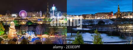 Edinburgh, Schottland, Großbritannien. 31 Dezember 2020. Kontrastierende Bilder aus Hogmanay in den Jahren 2019 und 2020 zeigen die Auswirkungen der Covid-19-Sperre auf die Feierlichkeiten in der Stadt. 2019 fand in den Gärten der Princes Street ein großer Weihnachtsmarkt statt und mehrere Bühnen mit Live-Musik wurden auf den Straßen der Stadt errichtet. Bild; Weihnachtsmarkt 2019 kontrastiert mit einem leeren Garten in der Princes Street im Jahr 2020. Iain Masterton/Alamy Live News Stockfoto