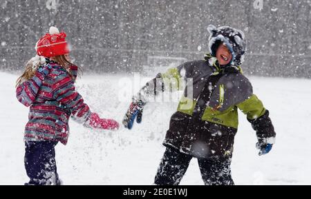 Ein kleines Mädchen (6 Jahre alt) trifft ihren Bruder (8 Jahre alt) bei einer Schneeballschlacht in Quebec, Kanada Stockfoto