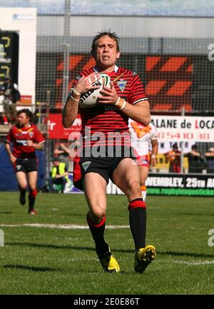 Warrington Wolve's Brett Hodgson beim RFL Stobart Superleague Rugby Spiel Catalan Dragons vs Warrington Wolves. Catalan Dragons gewann 44 - 16. Am 9. April 2012 im Gilbert Brutus Stadion in Perpignan, Frankreich. Foto von Michel Clementz/ABACAPRESS.COM Stockfoto