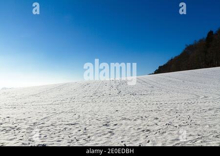 Einzigartige Aussicht auf schöne weiße Winterwald Wunderland Landschaft in Niedersachsen Deutschland an einem kalten sonnigen Tag mit klarem blauen Himmel. Stockfoto