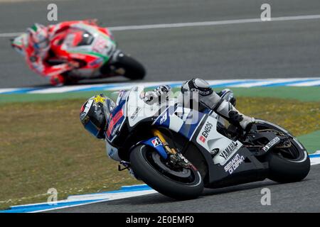 Spaniens MotoGP-Fahrer Jorge Lorenzo von Yamaha beim MotoGP Spanien Grand Prix in Jerez de la Frontera, Spanien am 29. April 2012. Foto von Malkon/ABACAPRESS.COM Stockfoto