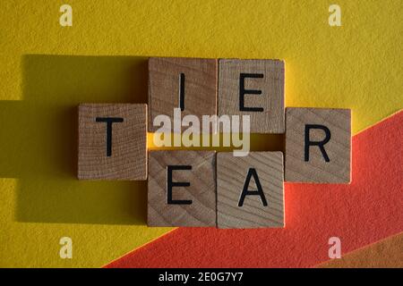 Tier, reißen, Wörter in hölzernen Buchstaben Alphabet auf buntem Hintergrund Stockfoto