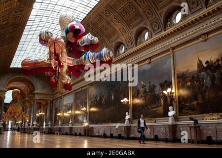 Ein Bild vom 18. Juni 2012 zeigt die handgefertigte Wollhäkelarbeit "Royal Valkyrie" der portugiesischen zeitgenössischen Kunstmalerin Joana Vasconcelos im Schloss Versailles während eines Pressebesuchs der Ausstellung "Joana Vasconcelos Versailles", die vom 19. Juni bis zum 30. September 2012 stattfindet. Vasconcelos wird die erste Frau und die jüngste Künstlerin sein, die ihr Werk in der Umgebung von Versailles zeigt. Foto von Stephane Lemouton/ABACAPRESS.COM. Stockfoto