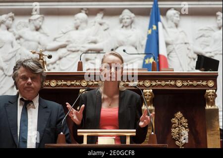 Exklusiv. Die neu gewählte Abgeordnete Marion Marechal-Le Pen und die neu gewählte Abgeordnete Gilbert Collard von der französischen rechtsextremen Front National (FN) wurden am 21. Juni 2012 in der französischen Nationalversammlung in Paris, Frankreich, gewählt. Foto von Thierry Orban/ABACAPRESS.COM Stockfoto