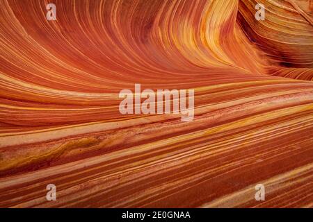 The Wave ist eine berühmte Sandsteinfelsenformation in Coyote Buttes, Arizona, die für ihre farbenfrohen, welligen Formen bekannt ist Stockfoto