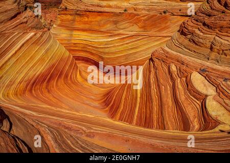 The Wave ist eine berühmte Sandsteinfelsenformation in Coyote Buttes, Arizona, die für ihre farbenfrohen, welligen Formen bekannt ist Stockfoto