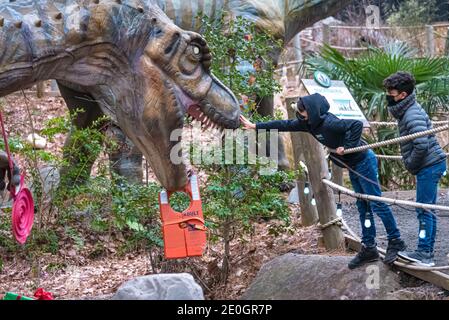Neugieriger Junge, der einen interaktiven, lebensgroßen Tyrannosaurus rex im Dinosaur Explore Attraction des Stone Mountain Parks in Atlanta, Georgia, anfasst. Stockfoto