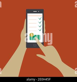 Online-Zahlung. Hände und Smartphone-Bildschirm. Person, die das Telefon hält und die Taste drückt. Online-Shopping-Konzept. Stock Vektor