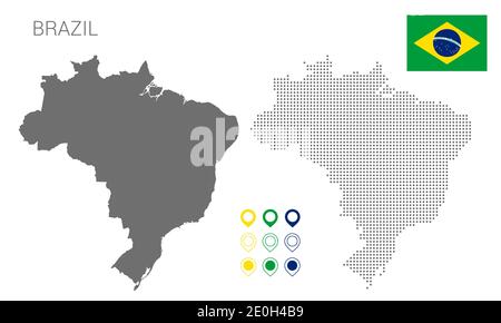 Karte von Brasilien Silhouette, Brasilien Karte gepunktet, Flagge von Brasilien, Vektor-Illustration flach Stock Vektor