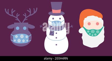Weihnachten Pandemie Aufkleber Vektoren. weihnachtsmann, Hirsch, Schneemann in medizinischen Schutzmasken Stock Vektor