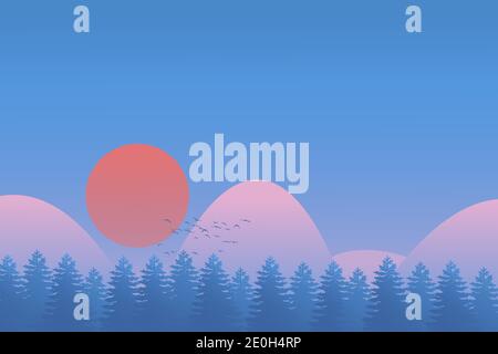 Abstrakte zeitgenössische ästhetische Sonnenaufgangslandschaft mit Sonne, Baum, Bergen. Erdtöne, Pastellfarben. Stock Vektor