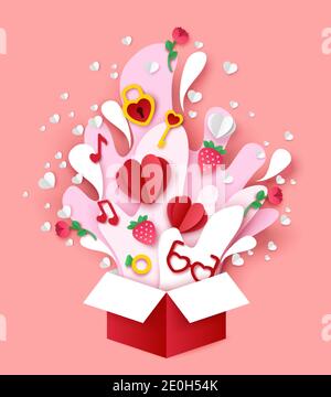 Valentinstag. Papier geschnitten offene Geschenkbox mit Herzen, Erdbeeren, Noten, Schlüssel aus Herzschloss, Vektor-Illustration Stock Vektor