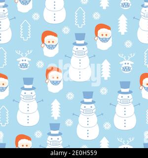 Weihnachtsmann, Schneemann und Hirsch tragen eine schützende Gesichtsmaske. Weihnachtliche und pandemische nahtlose Vektormuster Stock Vektor