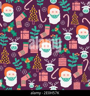 Weihnachtsmann und Hirsch tragen eine schützende Gesichtsmaske. Weihnachtliche und pandemische nahtlose Vektormuster Stock Vektor