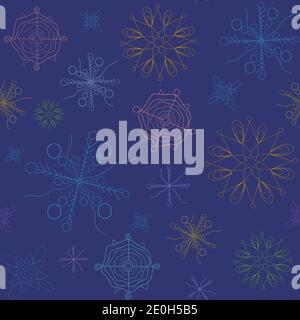Bunte Schneeflocken auf dunkel Mitternacht blau Hintergrund nahtlose Wiederholung Muster Stock Vektor