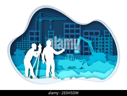 Papier geschnitten Bau schwere Maschinen und Anlagen, Bauherren Silhouetten. Vektorgrafik. Stock Vektor