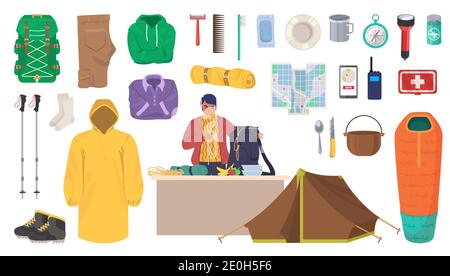 Reiseausrüstung und Ausrüstung. Wander- und Trekkingausstattung, flache Vektor isolierte Illustration. Stock Vektor
