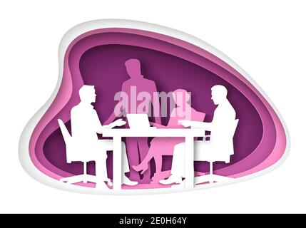 Büroleben Szene, Vektor-Illustration in Papier Kunst Handwerk Stil. Geschäftsleute Silhouetten mit Treffen, Diskussion. Stock Vektor