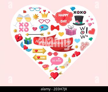 Happy Valentines Day Party Dekoration, Feier Zubehör, Aufkleber, Fotokabine Requisiten, flache Vektor-Illustration. Stock Vektor