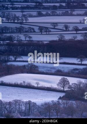 Lamberts Castle, Dorset, Großbritannien. Januar 2020. Wetter in Großbritannien: 2021 kommt zu einem bitterkalten Start, da die Temperaturen einstürzen und eisige Bedingungen in den Südwesten bringen. Am Neujahrstag bedeckt eine dicke Frostschicht Felder im ländlichen West Dorset. Kredit: Celia McMahon/Alamy Live Nachrichten Stockfoto
