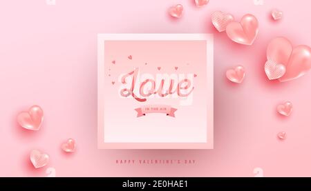 Love Text in Papierform mit realistischen Luft Herz geformten Ballons fliegen und Gradienten Rahmen auf rosa Hintergrund. Valentines Vektor Banner Design. Stock Vektor