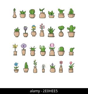 Setzen Sie Blumenpflanzen und blühende Kakteen mit Schatten und Highlight In POTS Vektorgrafik isoliert auf weißem Hintergrund Stock Vektor