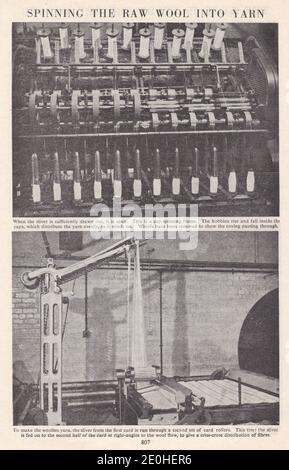 Vintage-Fotos von der Herstellung von Wolle 1900er - Spinnen der Rohwolle in Garn. Stockfoto