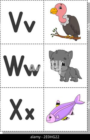 Englisches Alphabet mit Zeichentrickfiguren. Flash-Karten. Vektorset. Helle Farben. Lerne ABC. Klein- und Großbuchstaben. Stock Vektor