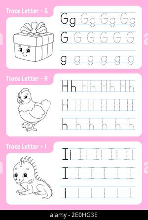 Schreiben von Briefen. Seite „Tracing“. Arbeitsblatt für Kinder. Übungsblatt. Alphabet lernen. Niedliche Charaktere. Vektorgrafik. Cartoon-Stil. Stock Vektor